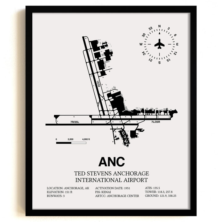 Framed Detailed Airport Map of Ted Stevens Anchorage International Airport (ANC) in White with a Black Frame
