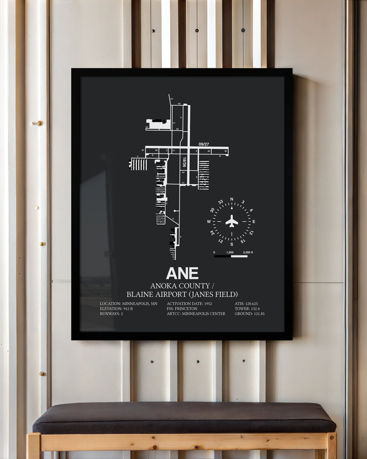 Framed Detailed Airport Map of Anoka County/Blaine Airport (Janes Field) (ANE) in Gray with a Black Frame