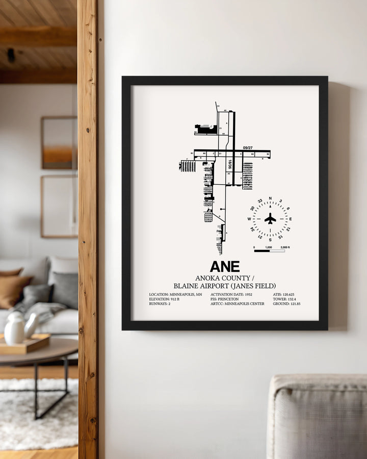 Framed Detailed Airport Map of Anoka County/Blaine Airport (Janes Field) (ANE) in White with a Black Frame