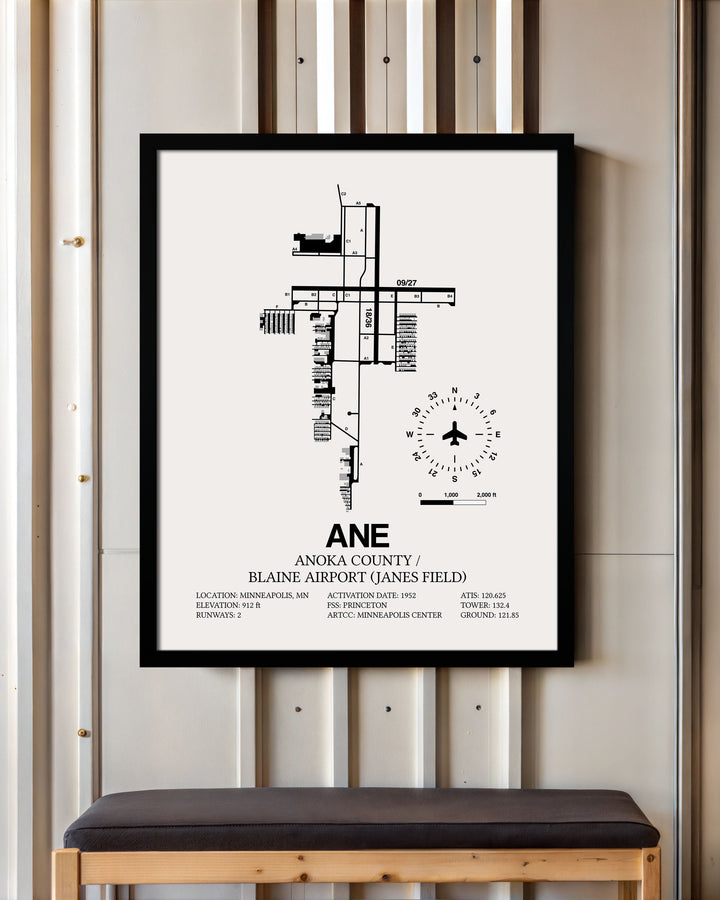 Framed Detailed Airport Map of Anoka County/Blaine Airport (Janes Field) (ANE) in White with a Black Frame