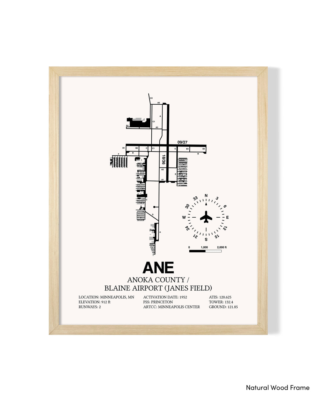 Detailed Airport Map of Anoka County/Blaine Airport (Janes Field) (ANE) in White with a Natural Frame