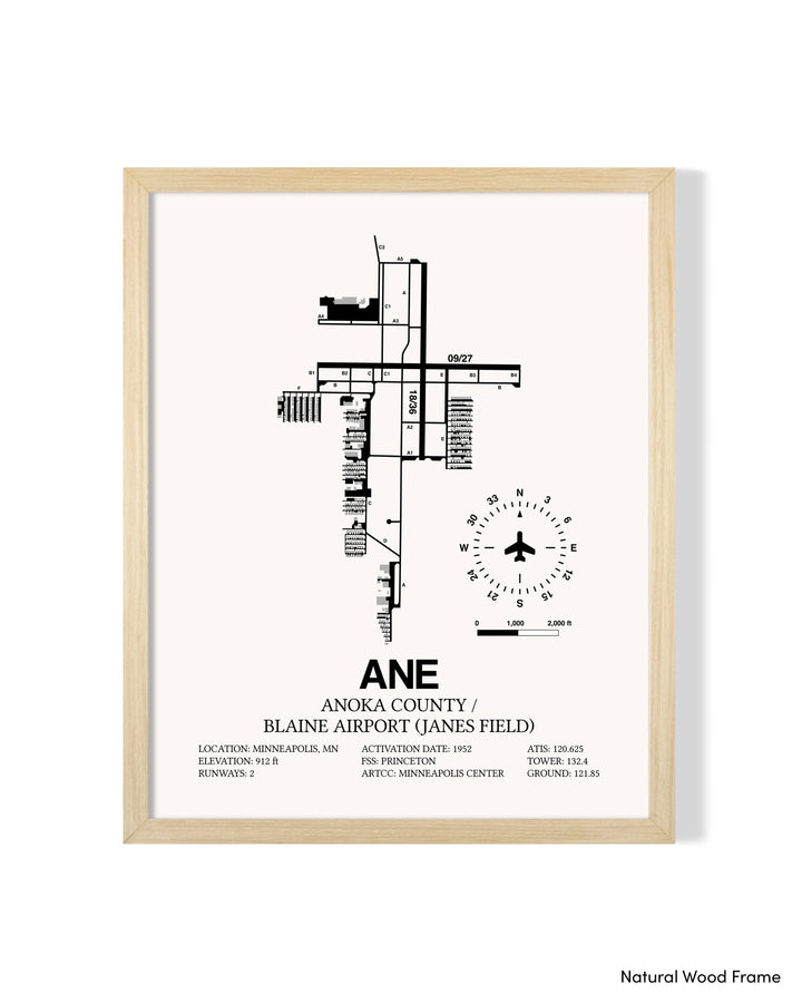 Detailed Airport Map of Anoka County/Blaine Airport (Janes Field) (ANE) in White with a Natural Frame