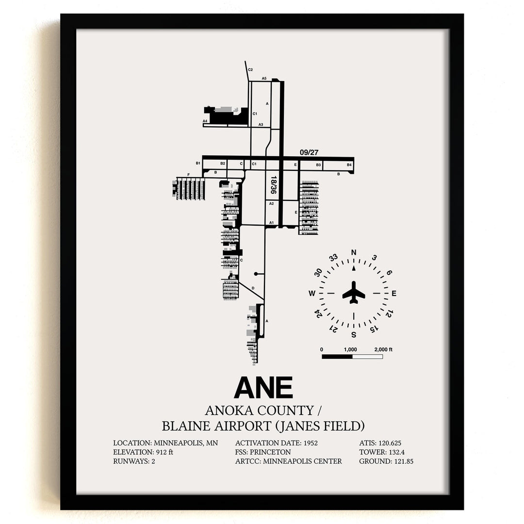 Framed Detailed Airport Map of Anoka County/Blaine Airport (Janes Field) (ANE) in White with a Black Frame
