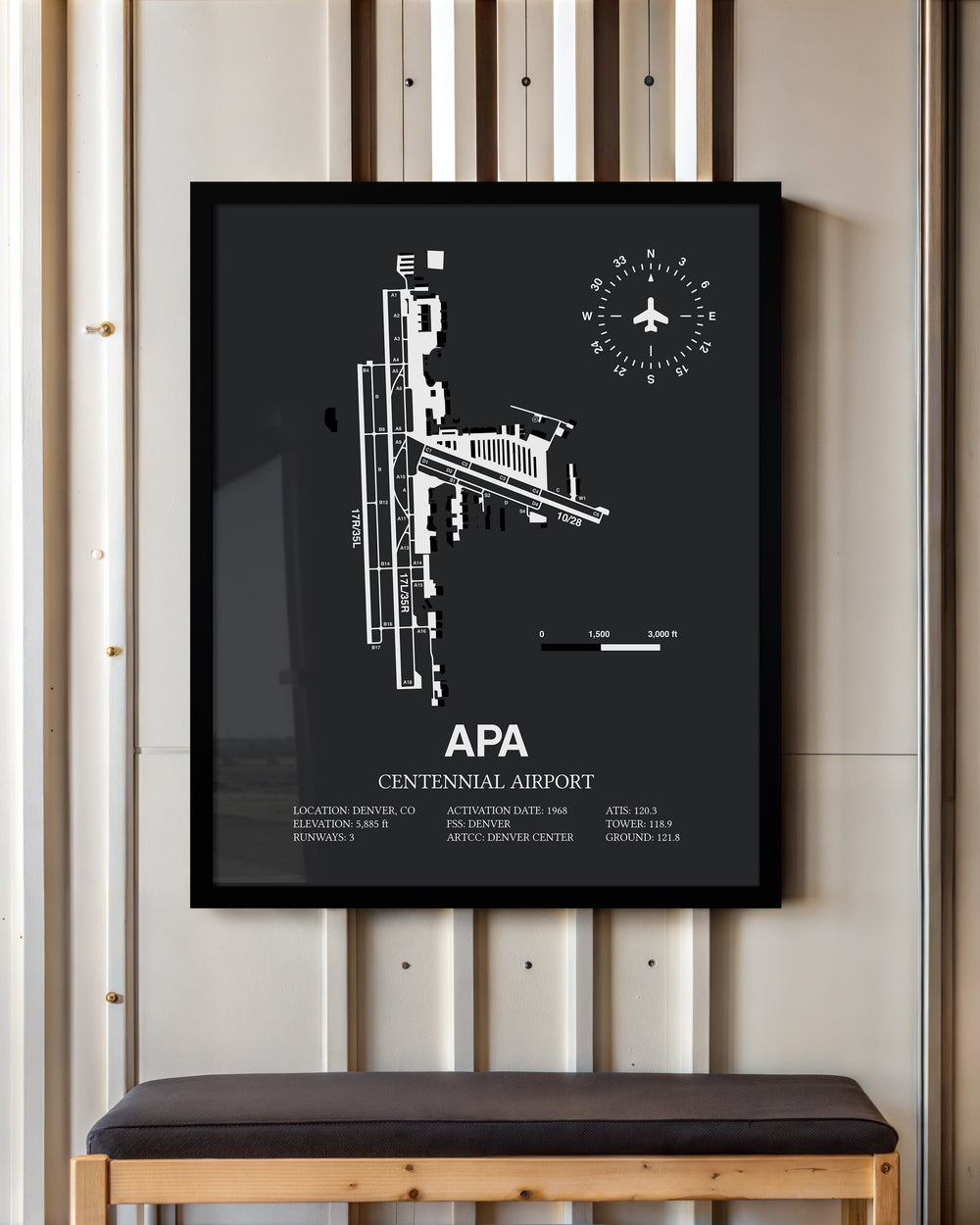 Framed Detailed Airport Map of Centennial Airport (APA) in Gray with a Black Frame