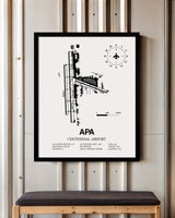 Framed Detailed Airport Map of Centennial Airport (APA) in White with a Black Frame