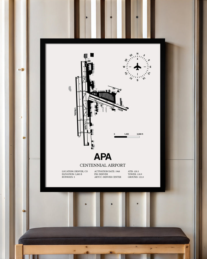 Framed Detailed Airport Map of Centennial Airport (APA) in White with a Black Frame