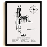 Framed Detailed Airport Map of Centennial Airport (APA) in White with a Black Frame