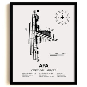 Framed Detailed Airport Map of Centennial Airport (APA) in White with a Black Frame