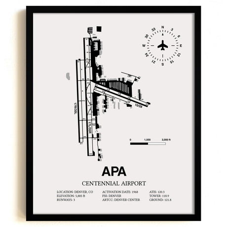 Framed Detailed Airport Map of Centennial Airport (APA) in White with a Black Frame