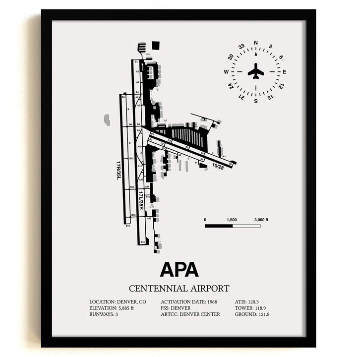 Framed Detailed Airport Map of Centennial Airport (APA) in White with a Black Frame