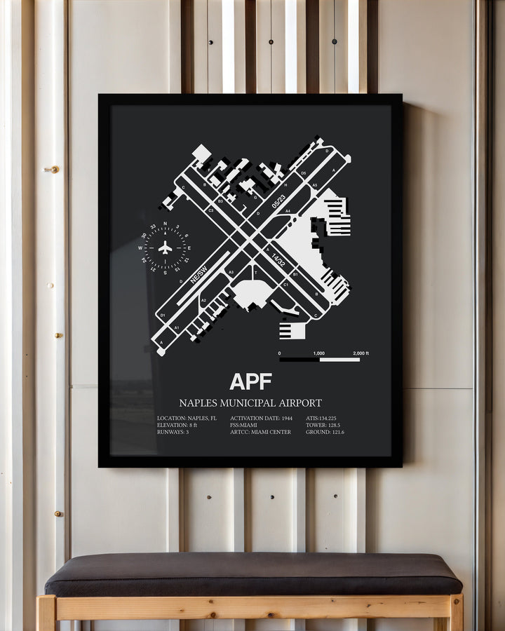 Framed Detailed Airport Map of Naples Municipal Airport (APF) in Gray with a Black Frame
