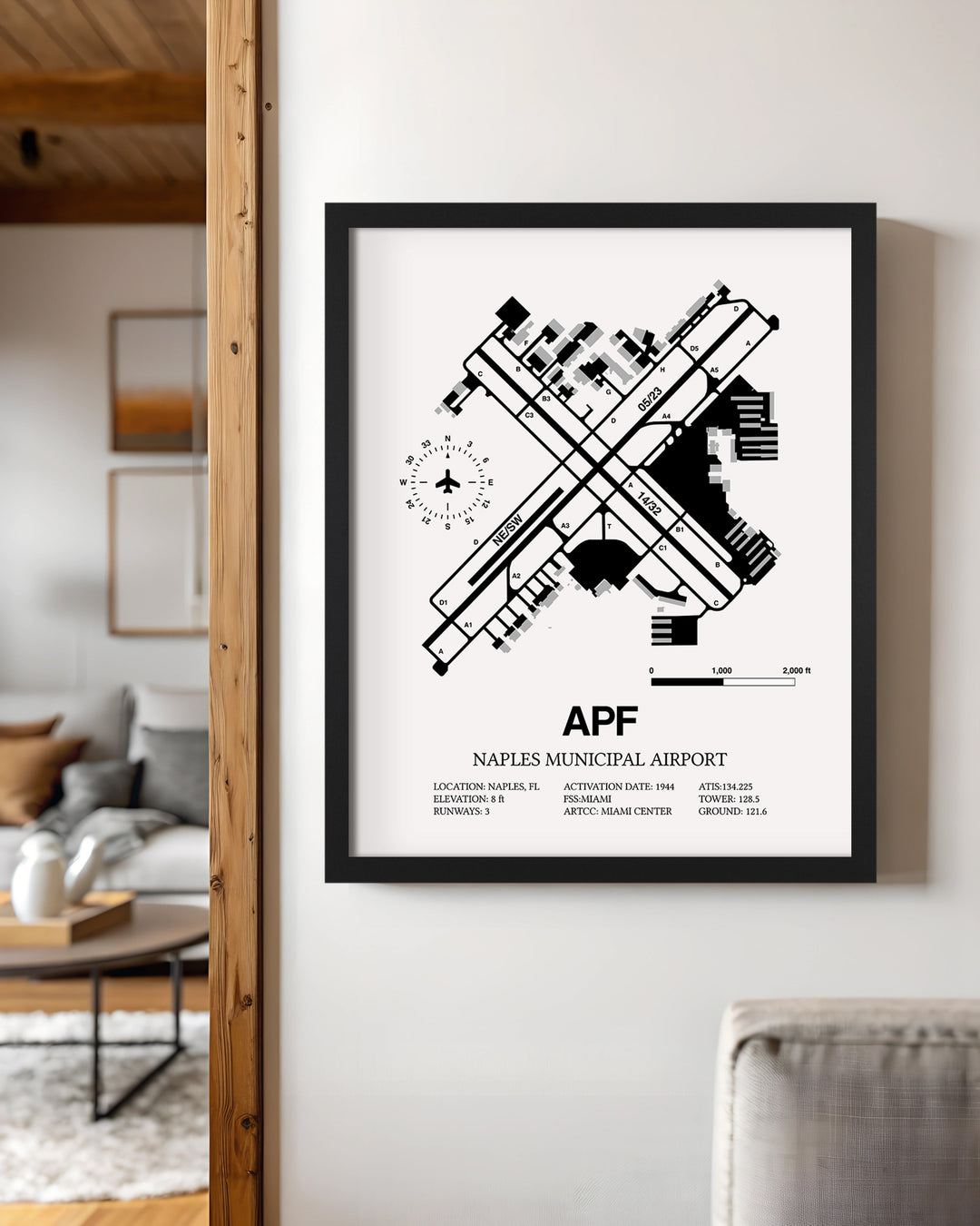 Framed Detailed Airport Map of Naples Municipal Airport (APF) in White with a Black Frame