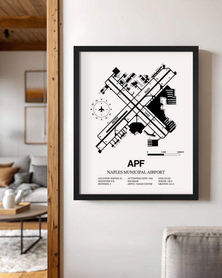 Framed Detailed Airport Map of Naples Municipal Airport (APF) in White with a Black Frame