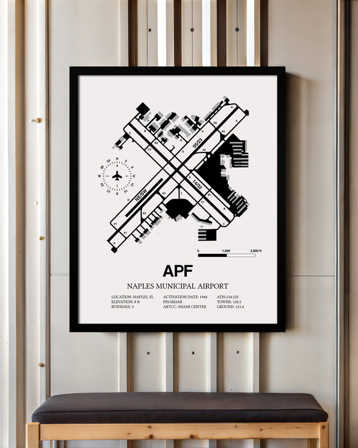 Framed Detailed Airport Map of Naples Municipal Airport (APF) in White with a Black Frame