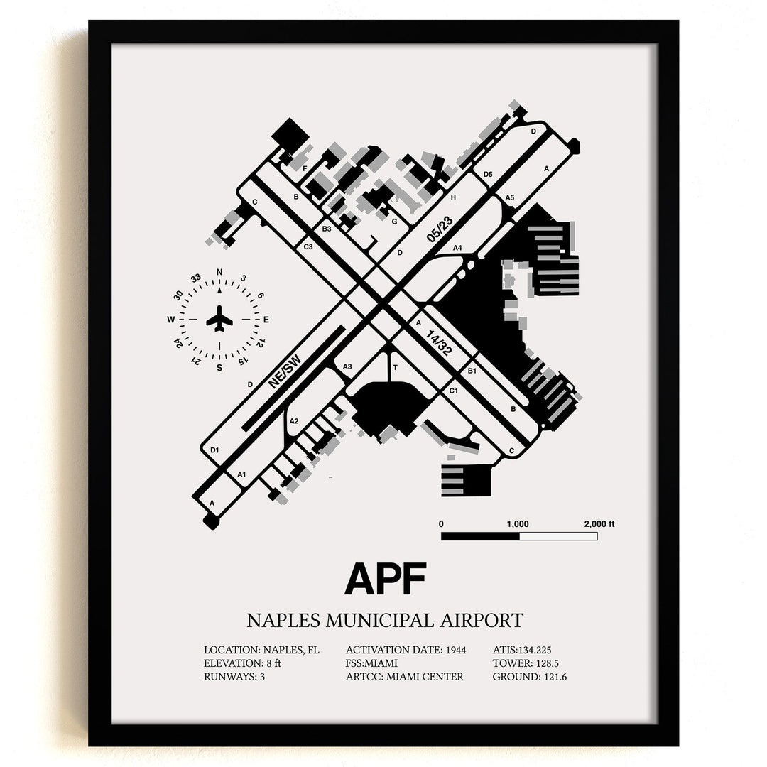 Framed Detailed Airport Map of Naples Municipal Airport (APF) in White with a Black Frame