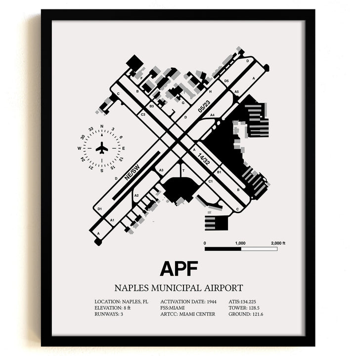 Framed Detailed Airport Map of Naples Municipal Airport (APF) in White with a Black Frame