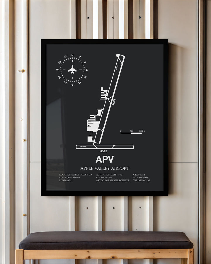 Framed Detailed Airport Map of Apple Valley Airport (APV) in Gray with a Black Frame