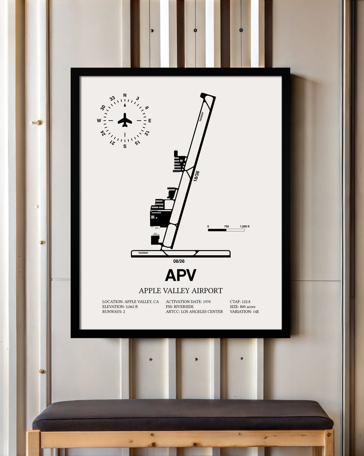 Framed Detailed Airport Map of Apple Valley Airport (APV) in White with a Black Frame