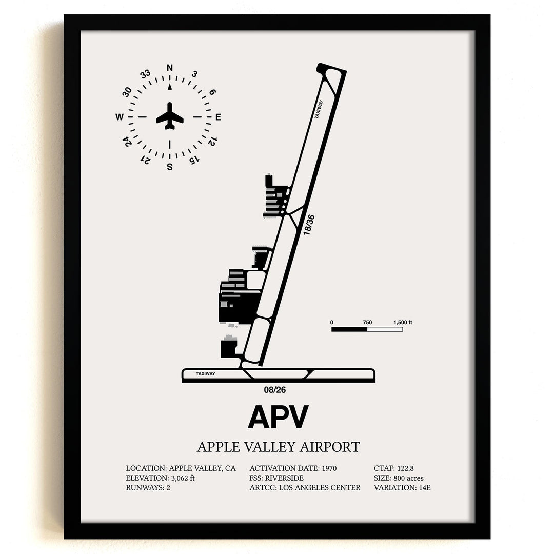 Framed Detailed Airport Map of Apple Valley Airport (APV) in White with a Black Frame