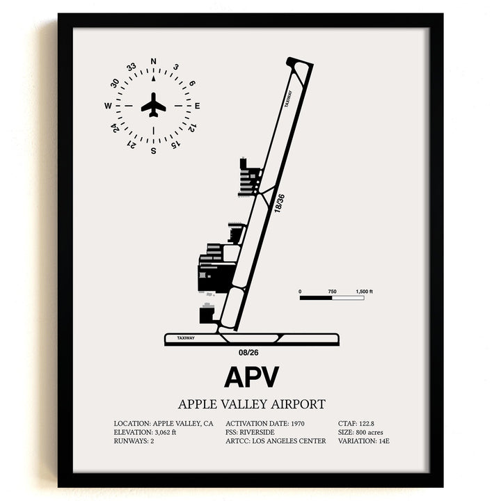 Framed Detailed Airport Map of Apple Valley Airport (APV) in White with a Black Frame