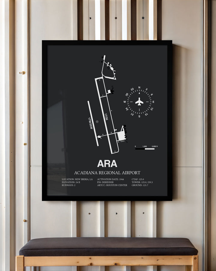 Framed Detailed Airport Map of Acadiana Regional Airport (ARA) in Gray with a Black Frame