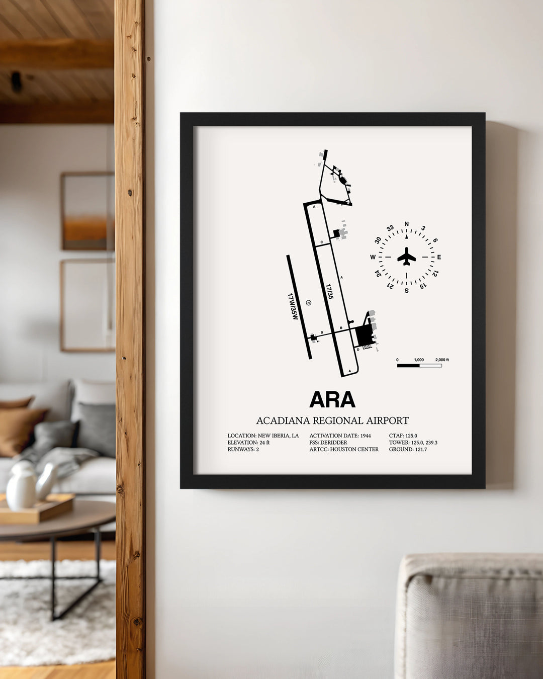 Framed Detailed Airport Map of Acadiana Regional Airport (ARA) in White with a Black Frame