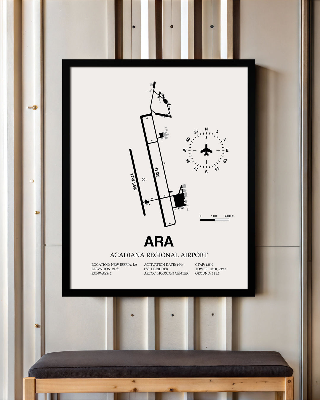 Framed Detailed Airport Map of Acadiana Regional Airport (ARA) in White with a Black Frame