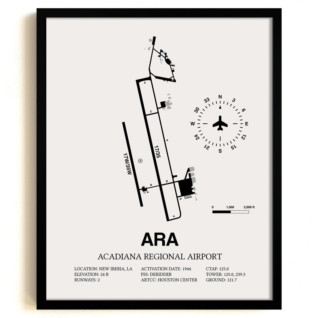 Framed Detailed Airport Map of Acadiana Regional Airport (ARA) in White with a Black Frame