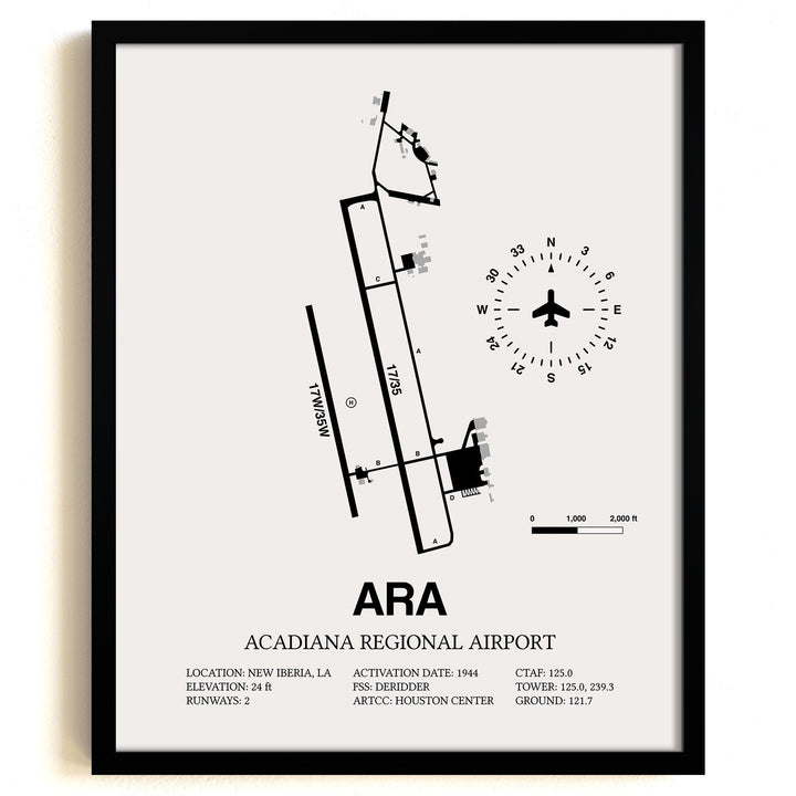 Framed Detailed Airport Map of Acadiana Regional Airport (ARA) in White with a Black Frame