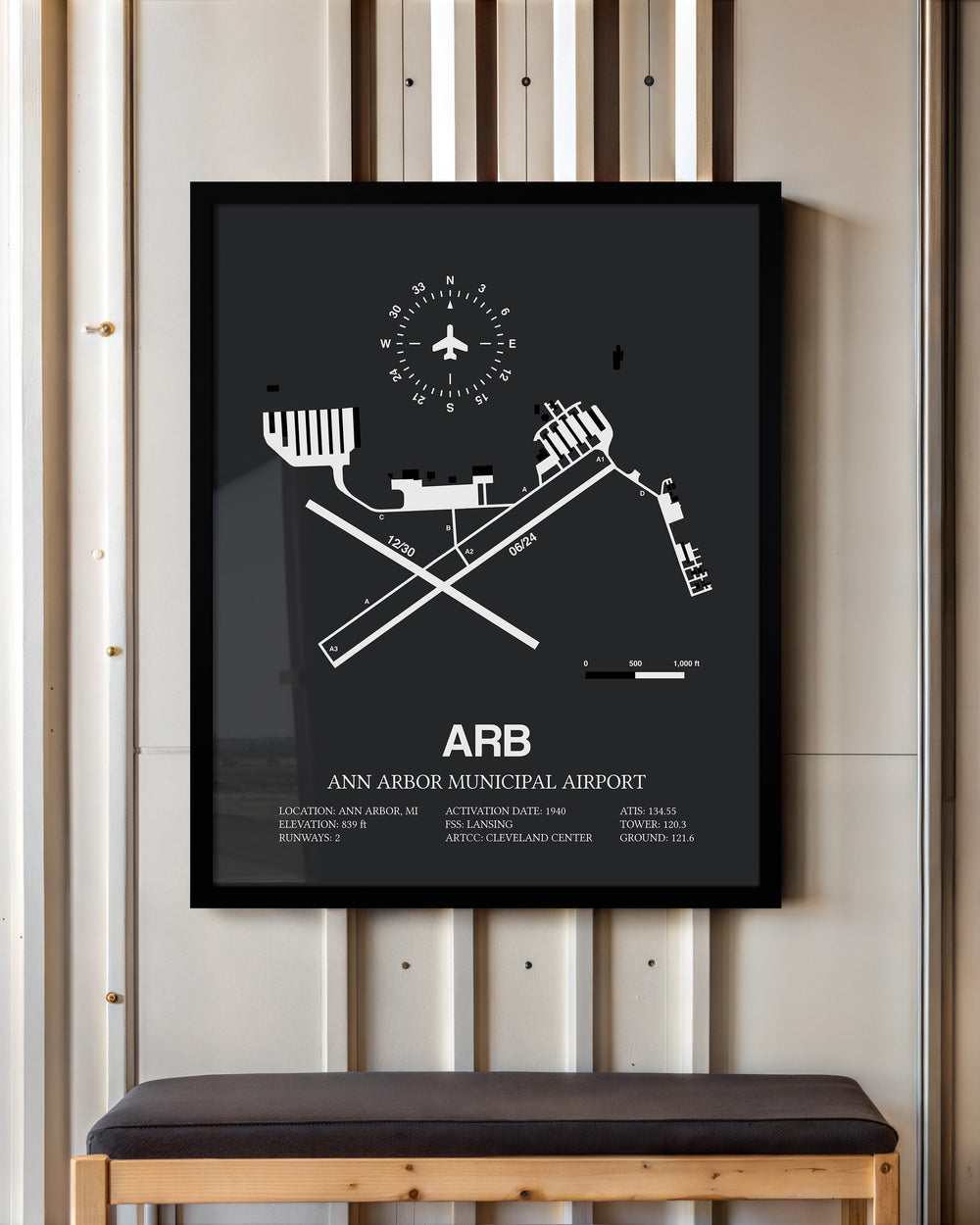 Framed Detailed Airport Map of Ann Arbor Municipal Airport (ARB) in Gray with a Black Frame