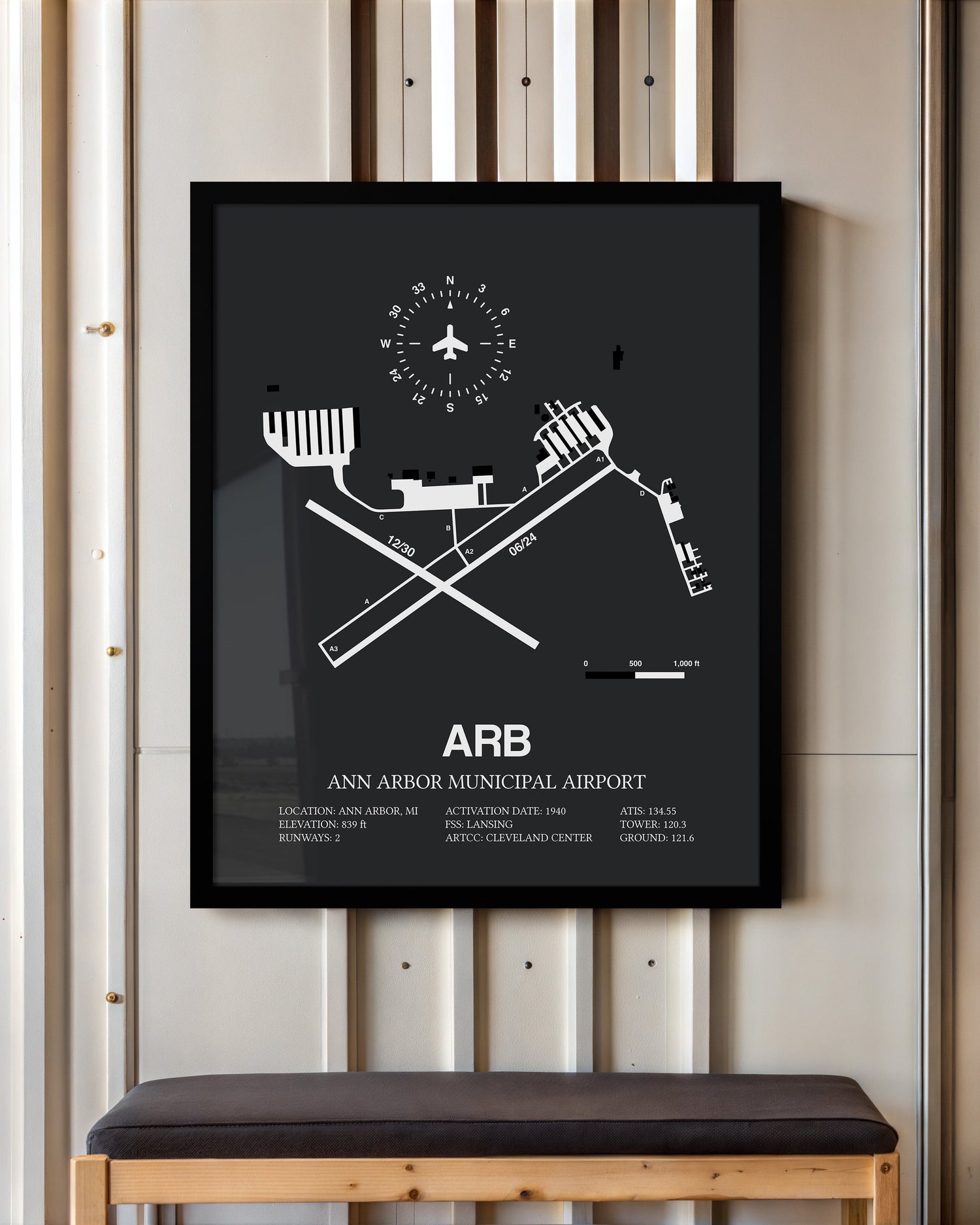 Framed Detailed Airport Map of Ann Arbor Municipal Airport (ARB) in Gray with a Black Frame