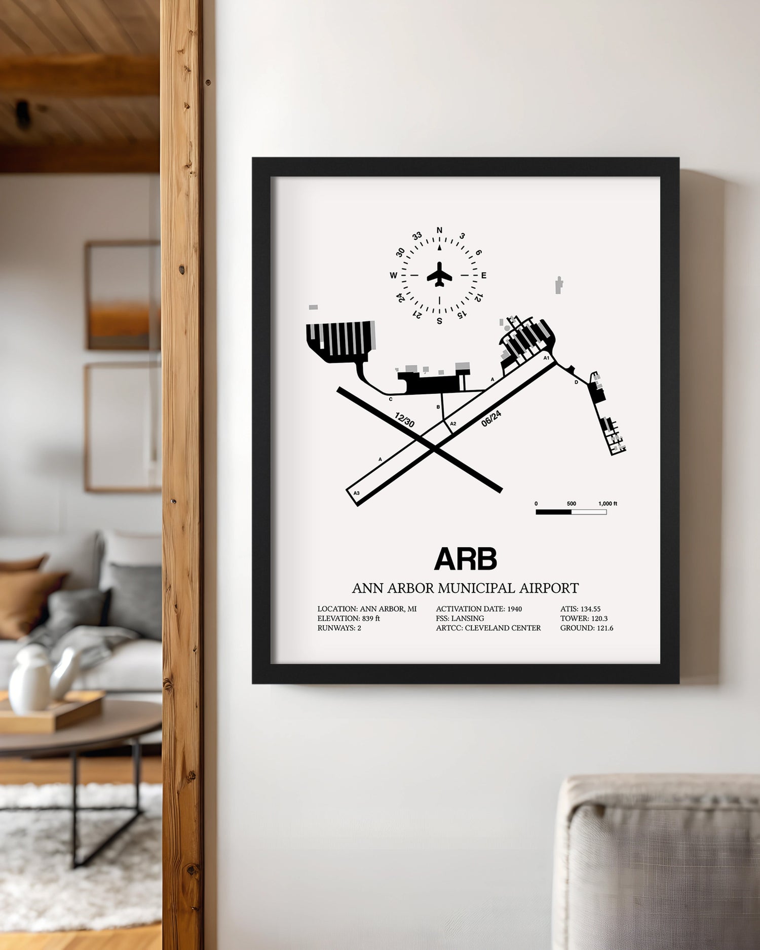 Framed Detailed Airport Map of Ann Arbor Municipal Airport (ARB) in White with a Black Frame