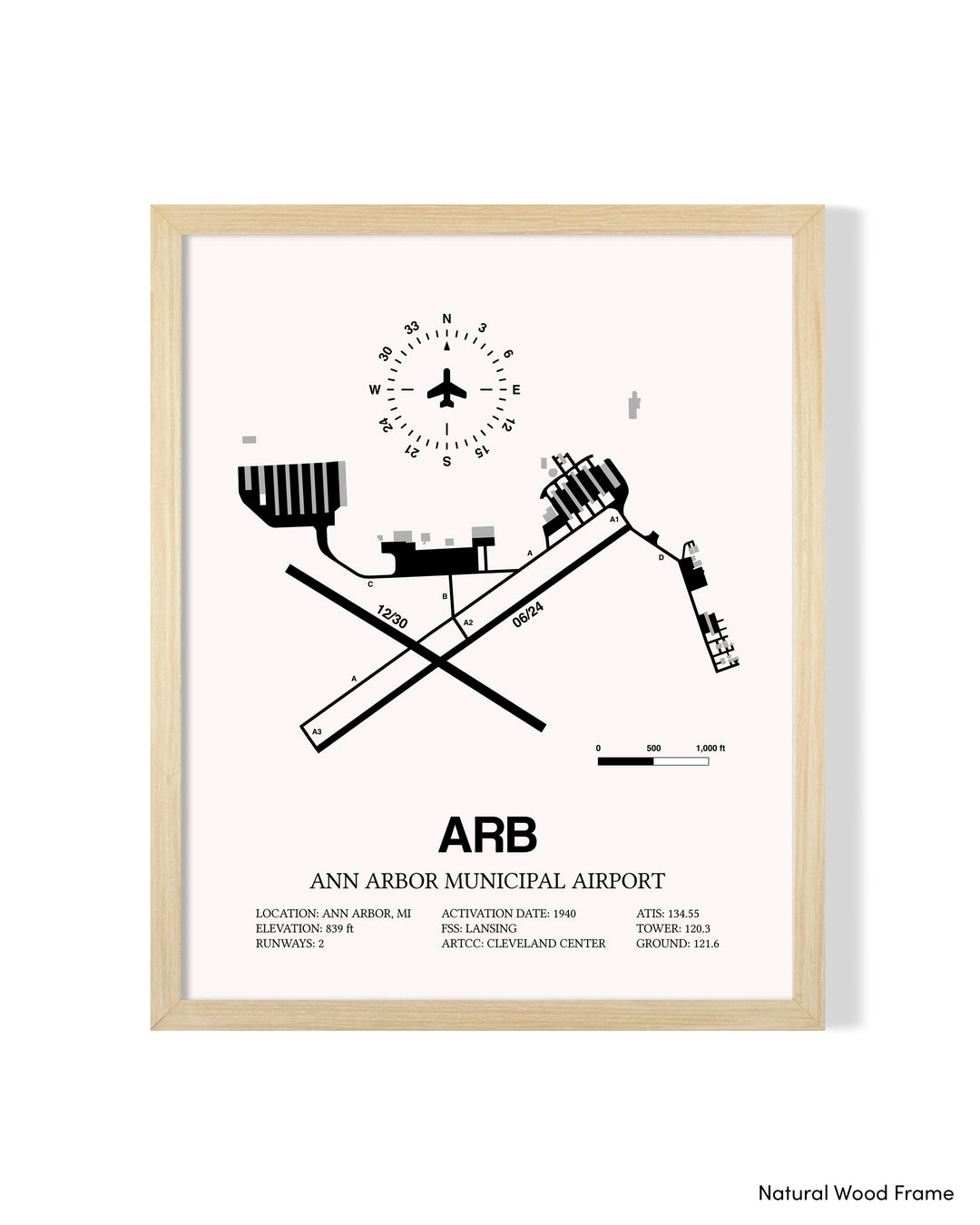 Detailed Airport Map of Ann Arbor Municipal Airport (ARB) in White with a Natural Frame
