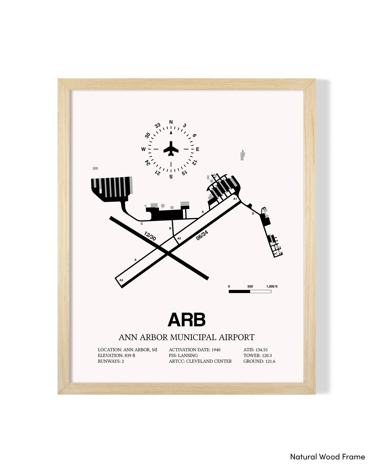 Detailed Airport Map of Ann Arbor Municipal Airport (ARB) in White with a Natural Frame