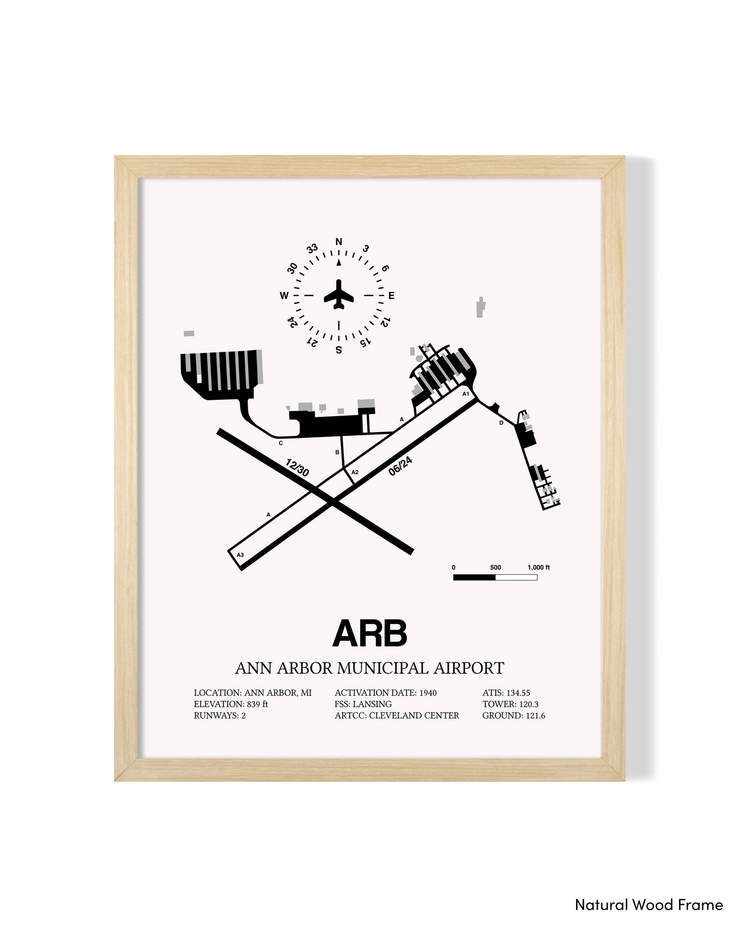 Detailed Airport Map of Ann Arbor Municipal Airport (ARB) in White with a Natural Frame