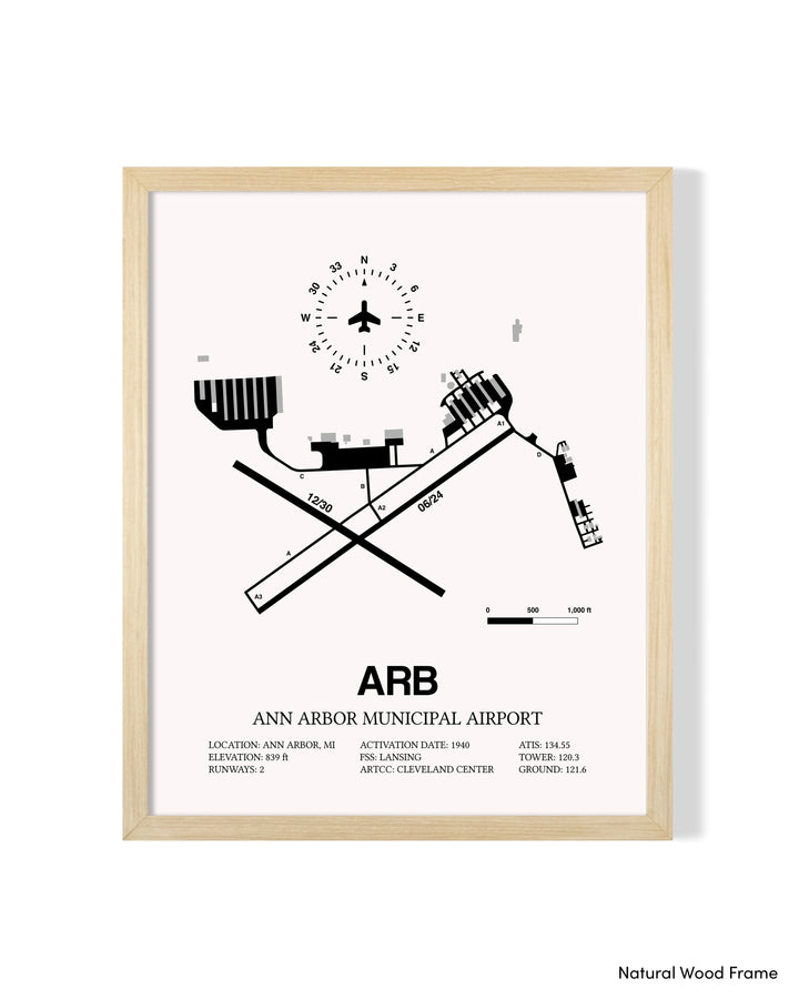 Detailed Airport Map of Ann Arbor Municipal Airport (ARB) in White with a Natural Frame