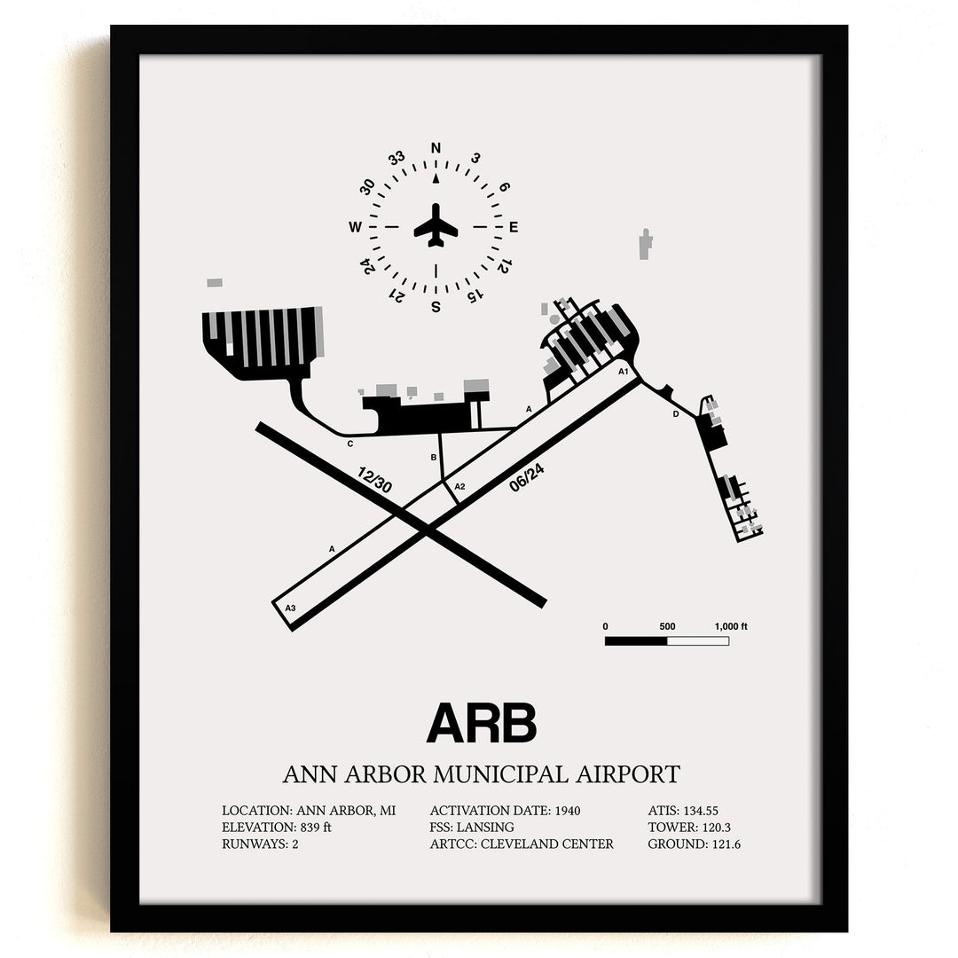 Framed Detailed Airport Map of Ann Arbor Municipal Airport (ARB) in White with a Black Frame