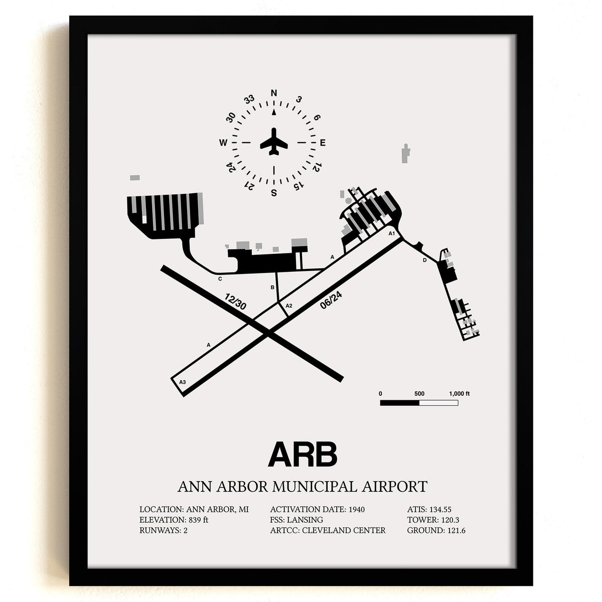 Framed Detailed Airport Map of Ann Arbor Municipal Airport (ARB) in White with a Black Frame