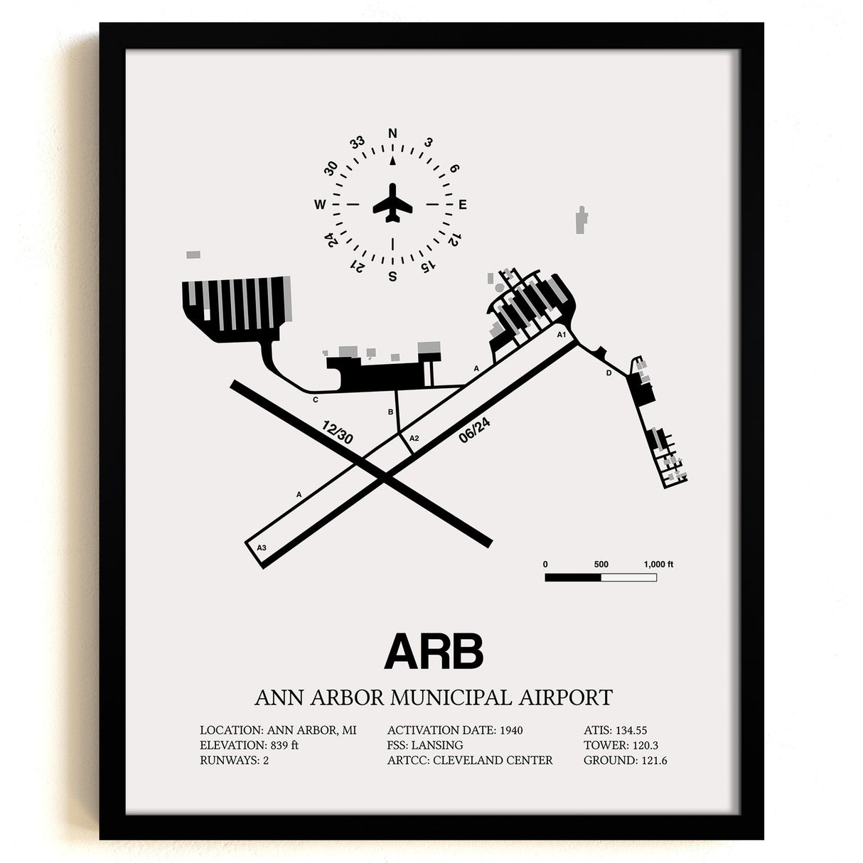 Framed Detailed Airport Map of Ann Arbor Municipal Airport (ARB) in White with a Black Frame