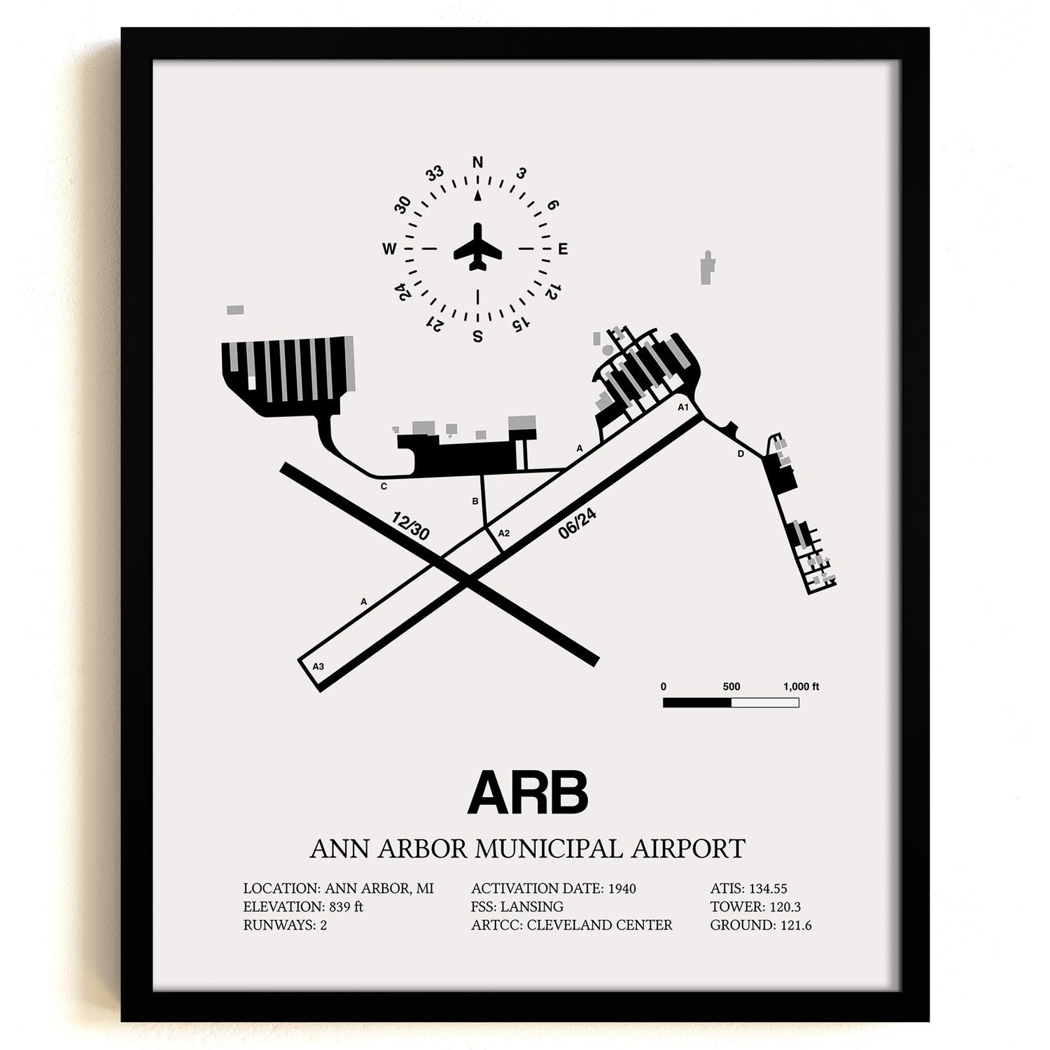 Framed Detailed Airport Map of Ann Arbor Municipal Airport (ARB) in White with a Black Frame