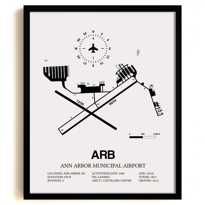 Framed Detailed Airport Map of Ann Arbor Municipal Airport (ARB) in White with a Black Frame
