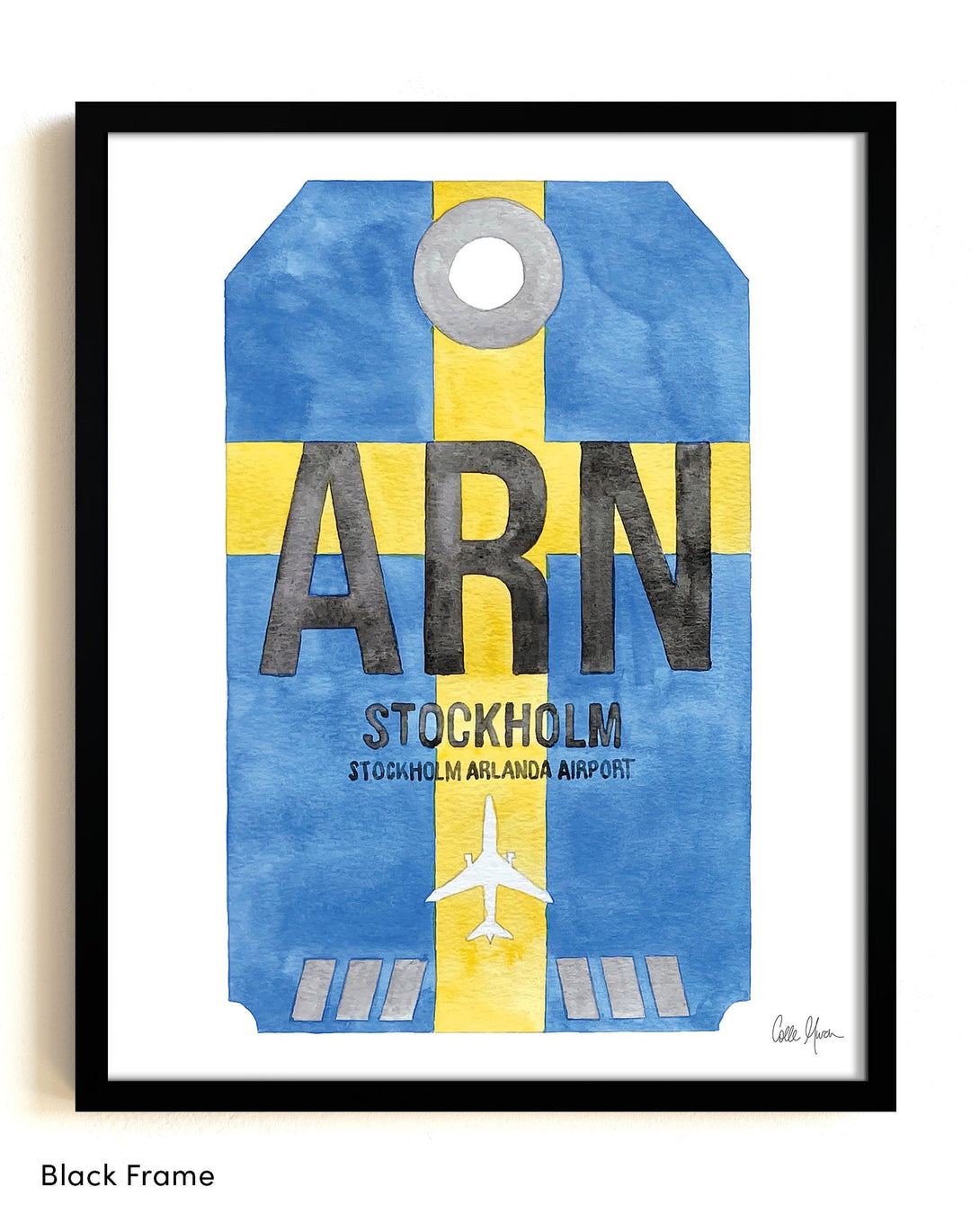 Framed Watercolor Print of Stockholm Arlanda Airport (ARN 1) with a Black Frame