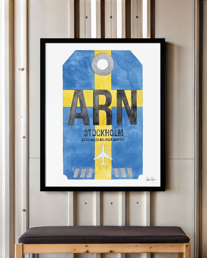 Framed Watercolor Print of Stockholm Arlanda Airport (ARN 1) with a Black Frame