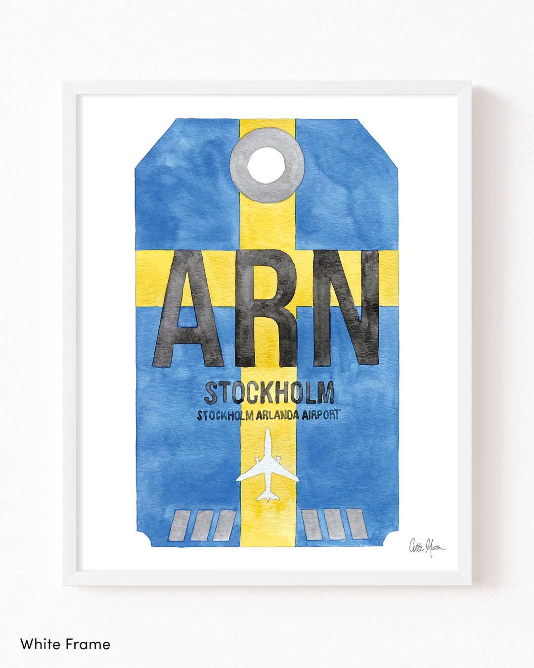 Framed Watercolor Print of Stockholm Arlanda Airport (ARN 1) with a White Frame