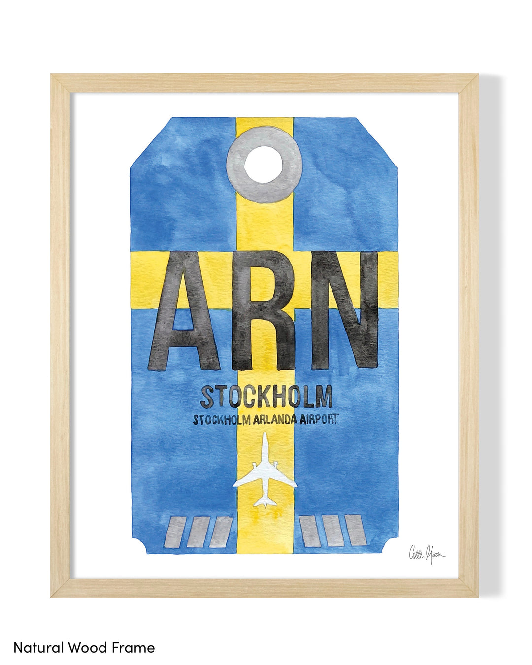 Framed Watercolor Print of Stockholm Arlanda Airport (ARN 1) with a Natural Wood Frame