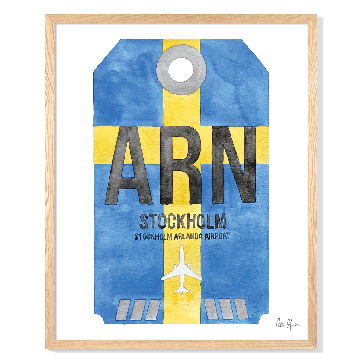 Framed Watercolor Print of Stockholm Arlanda Airport (ARN 1) with an Oak Frame