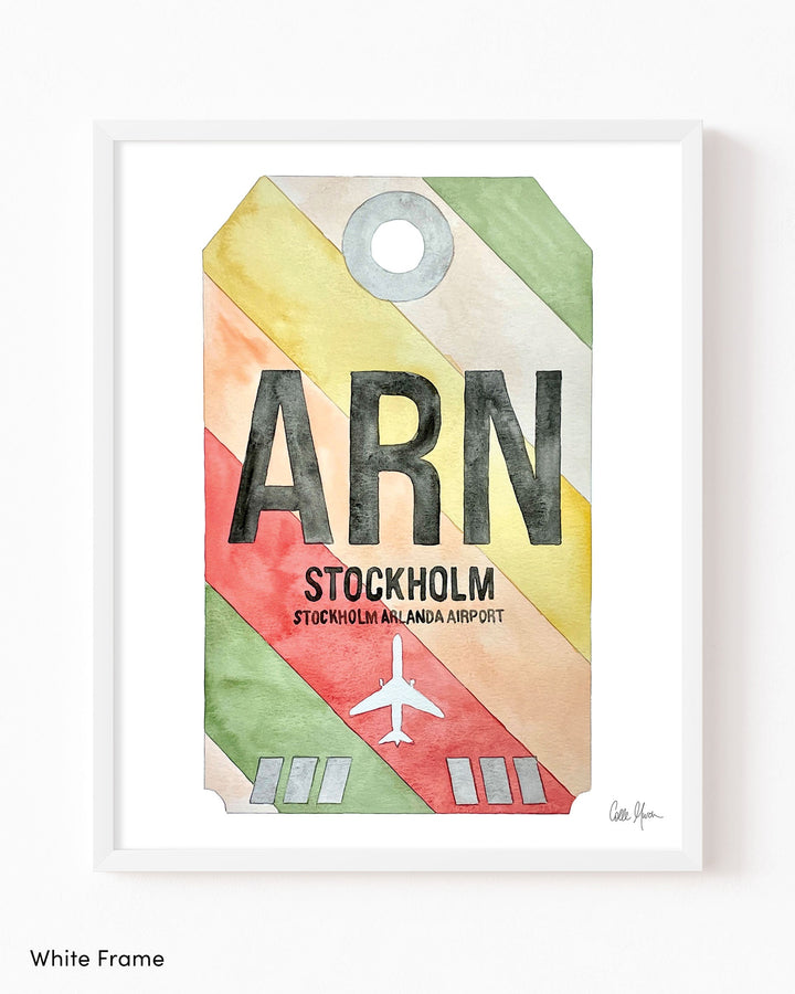 Framed Watercolor Print of Stockholm Arlanda Airport (ARN 2) with a White Frame