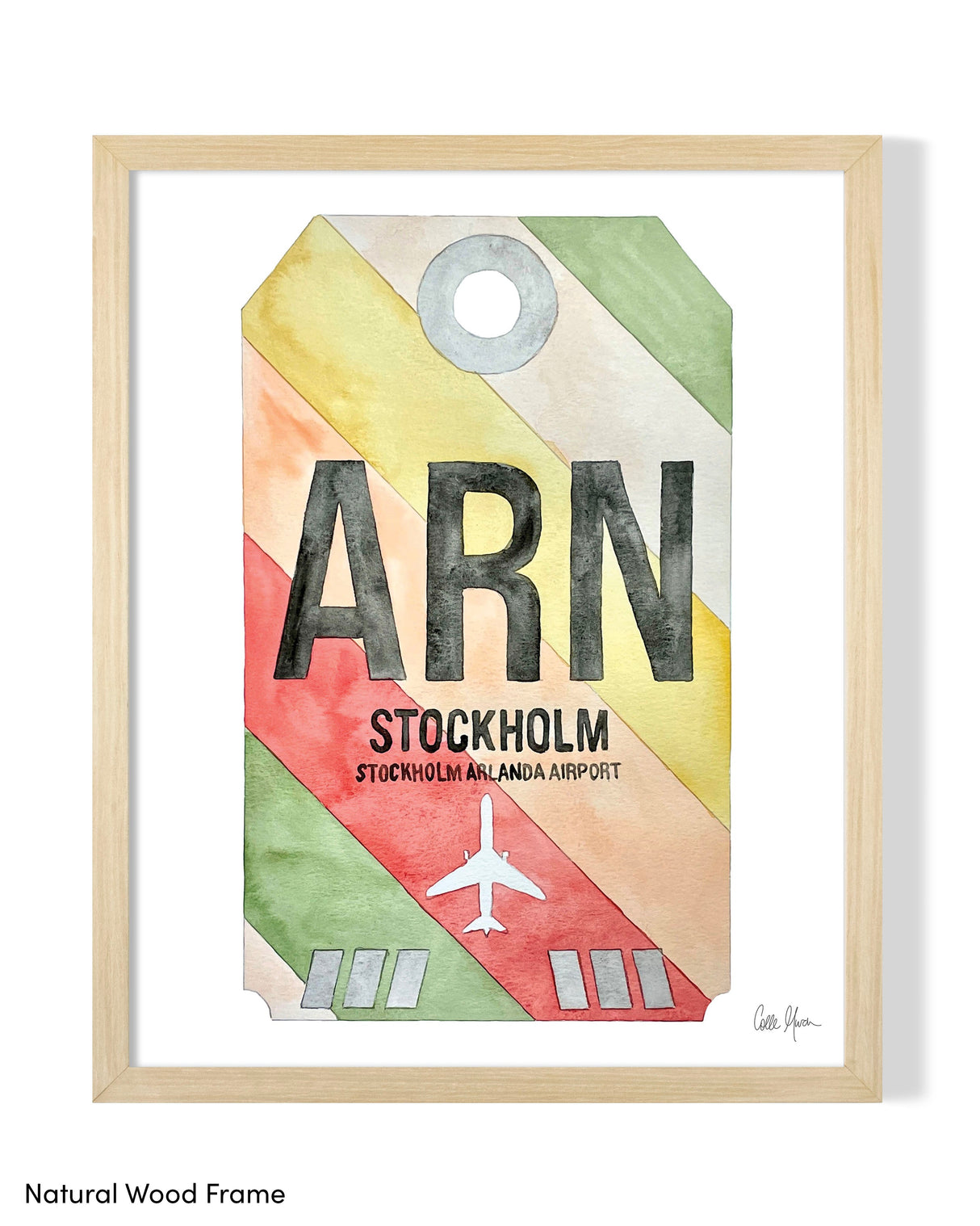 Framed Watercolor Print of Stockholm Arlanda Airport (ARN 2) with a Natural Wood Frame