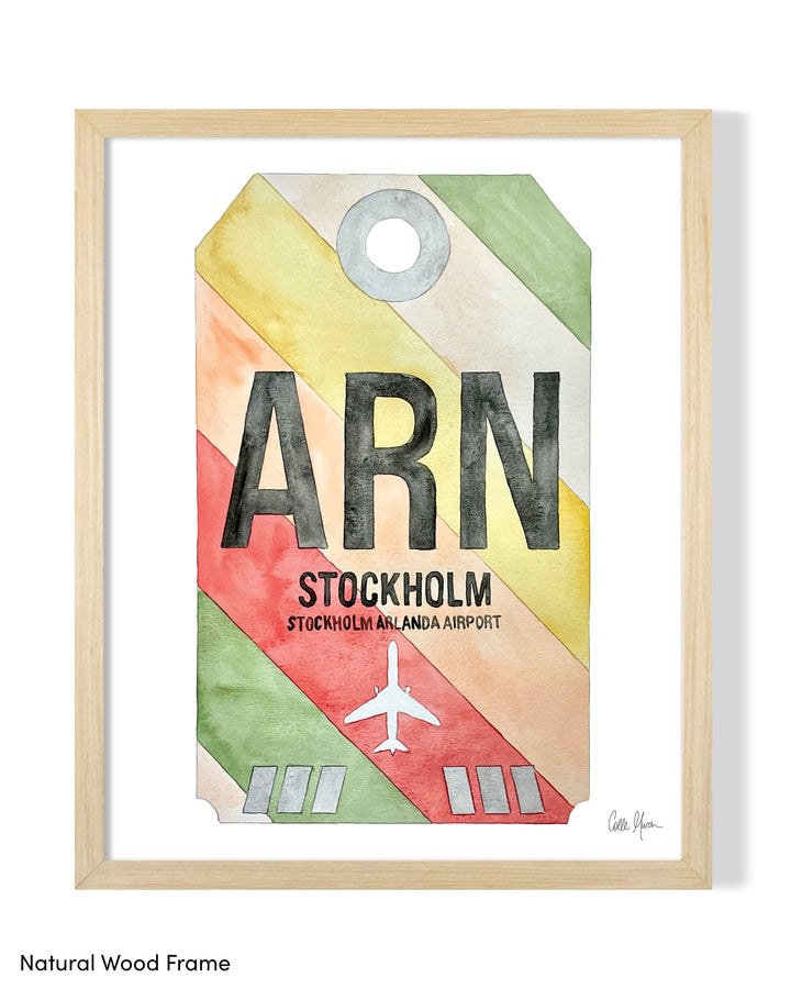 Framed Watercolor Print of Stockholm Arlanda Airport (ARN 2) with a Natural Wood Frame
