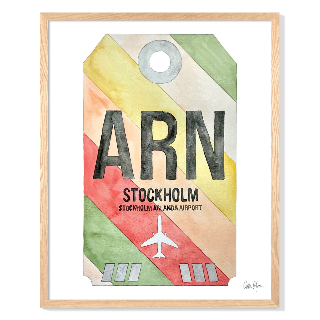 Framed Watercolor Print of Stockholm Arlanda Airport (ARN 2) with an Oak Frame